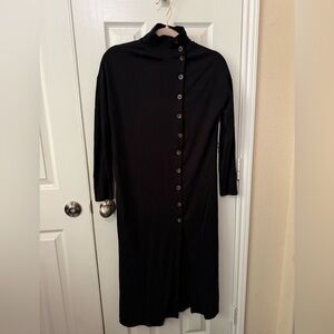 ANN TAYLOR black modal blend side brown button mock neck midi dress XS